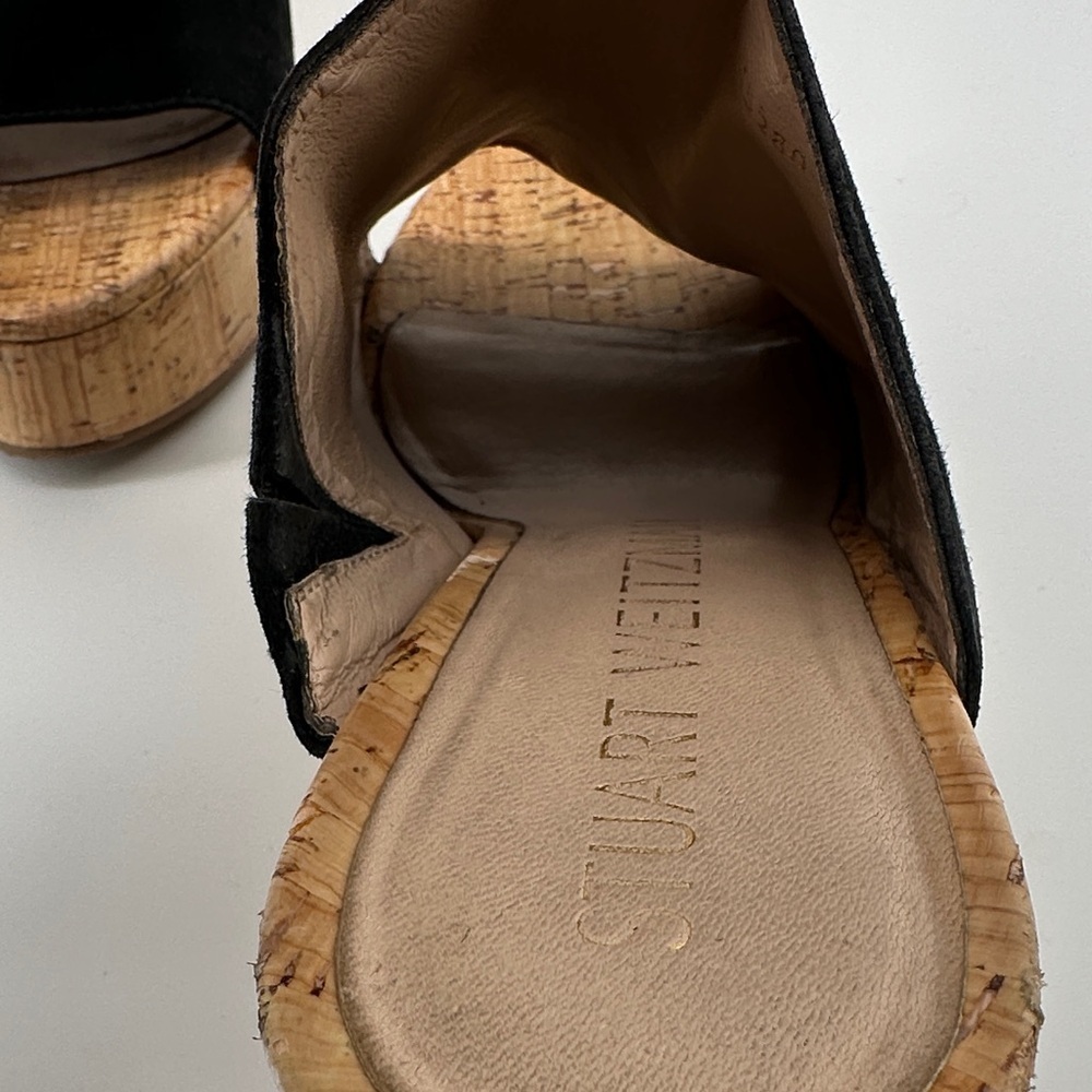 Stuart Weitzman 70s Retro Boho Black Cork Wedge Sandals Causal Chic Sz 10.5 - Picture 10 of 12